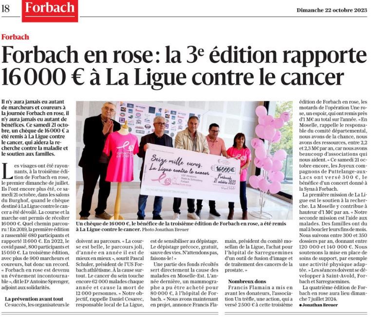 Remise du chèque à la Ligue contre le cancer